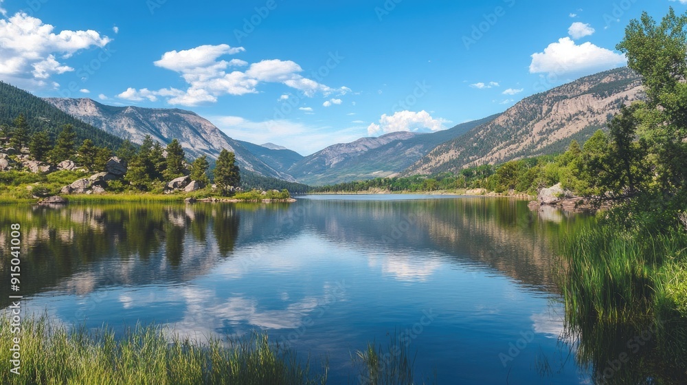 Scenic view of Vallecito Lake surrounded by lush greenery and rugged mountains, reflecting a serene atmosphere Scenic view of Vallecito Lake surrounded by lush greenery and rugged mountains, reflecting a serene atmosphere