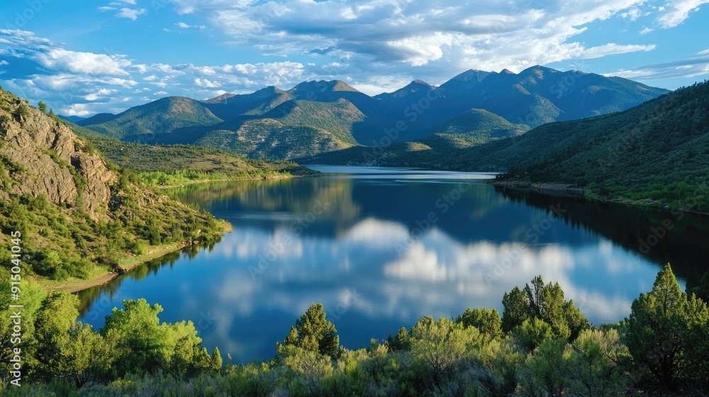 Scenic view of Vallecito Lake surrounded by lush greenery and rugged mountains, reflecting a serene atmosphere Scenic view of Vallecito Lake surrounded by lush greenery and rugged mountains, reflecting a serene atmosphere