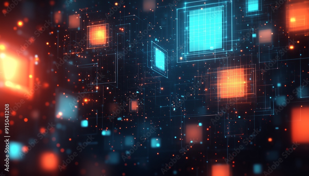 Abstract digital network with glowing orange and blue squares Abstract digital network with glowing orange and blue squares
