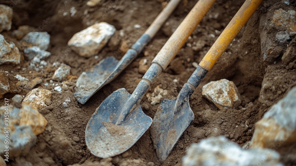 Unearthing the Past: Close-up of Fossil Dig Site with Excavation Tools and Uncovered Fossils