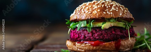 Colorful Plant-Based Burger Delights: A Vibrant Veggie Burger with Beet Patty, Avocado, Tomatoes, and Green Veggies in a Sesame Bun - A Healthy Vegetarian Meal Option. photo