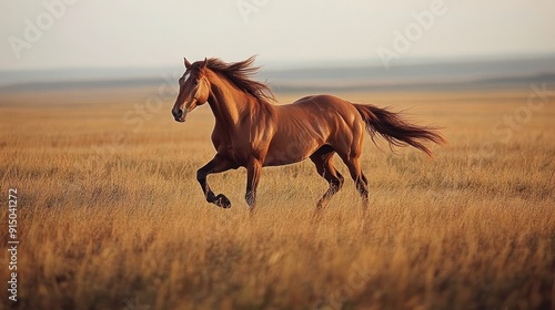 A Chestnut Horse Gallops Across a Field