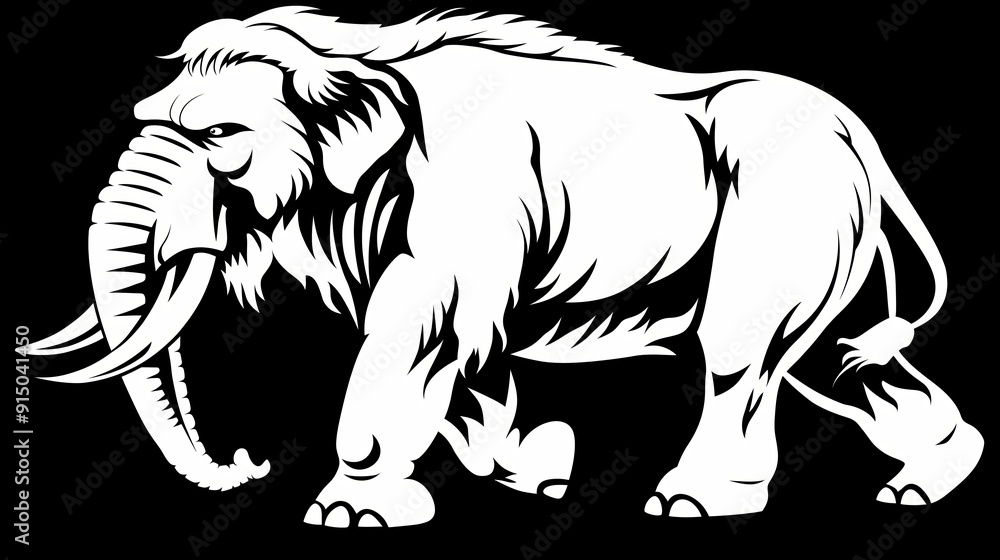 A stylized, powerful elephant illustration in bold black and white lines. A stylized, powerful elephant illustration in bold black and white lines.