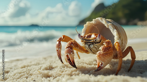 Closeup of a hermit crab on a tropical beach