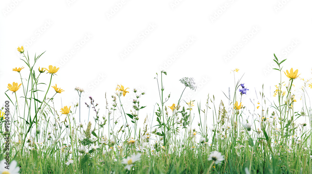 Fototapeta premium Closeup panorama banner of a meadow with green grass and wild flowers isolated on a white background