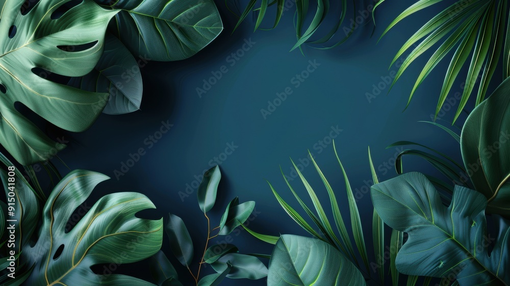 A serene and elegant design featuring tree leaves against a deep blue background, with ample white space for text or design elements
