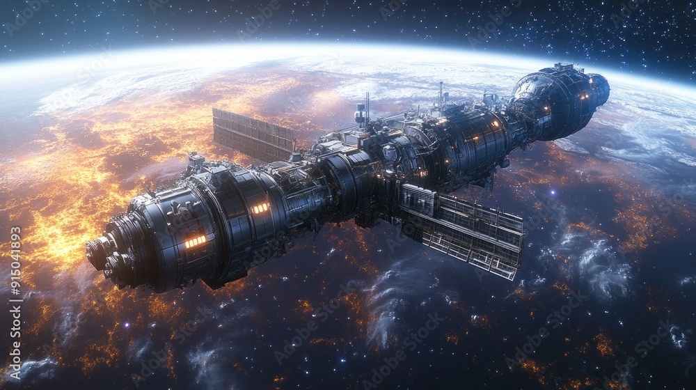 Futuristic Space Station in Orbit Around Alien Planet with Stellar Background Futuristic Space Station in Orbit Around Alien Planet with Stellar Background