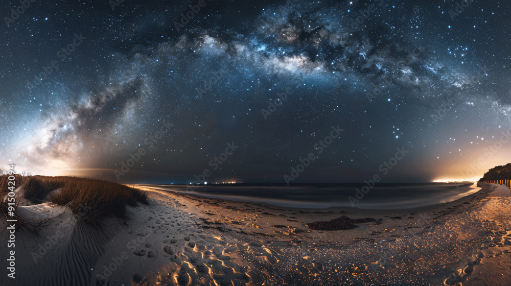 A breathtaking panoramic view of a beach under a starry sky, showcasing the Milky Way and a serene ocean, inviting awe and wonder in a tranquil night scene. A breathtaking panoramic view of a beach under a starry sky, showcasing the Milky Way and a serene ocean, inviting awe and wonder in a tranquil night scene.
