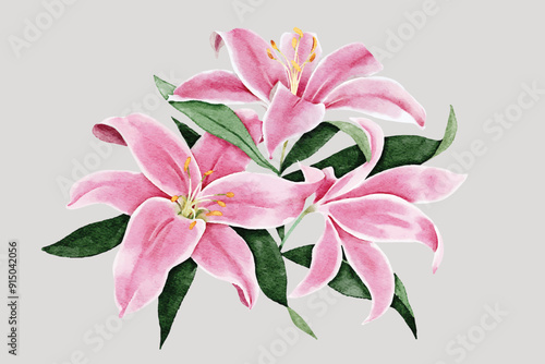 Watercolor illustration of pink lilies with lush green leaves