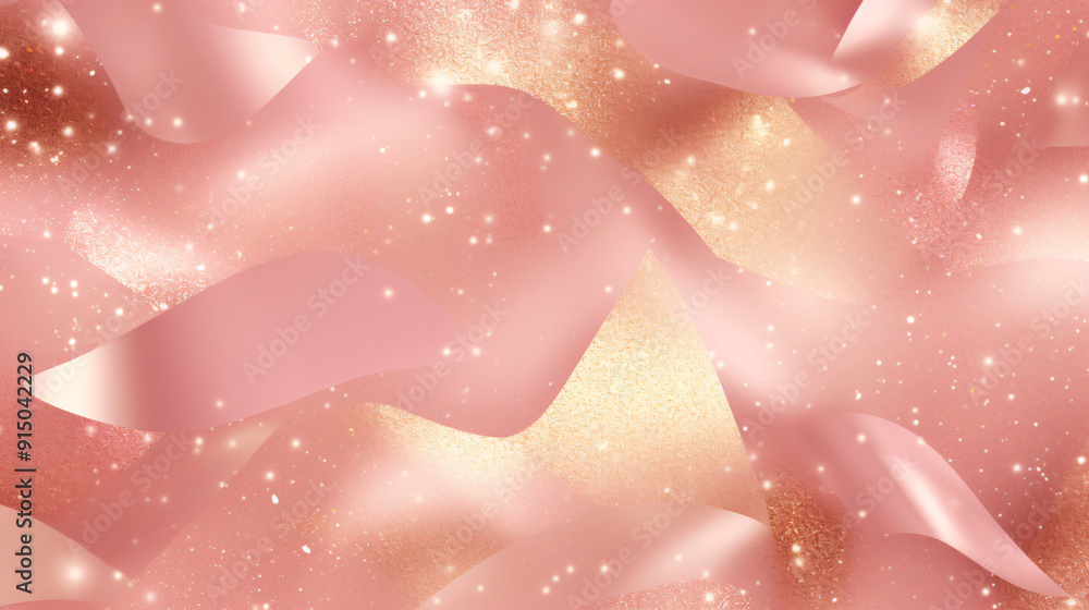 An elegant abstract design featuring flowing pink ribbons and golden sparkles, creating a luxurious and dreamy atmosphere. An elegant abstract design featuring flowing pink ribbons and golden sparkles, creating a luxurious and dreamy atmosphere.