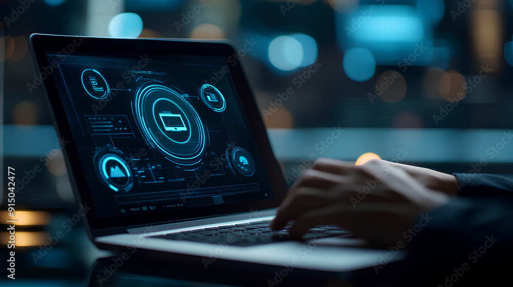 Compliance in business concept. Person use laptop with compliance icon on virtual screen, ensuring the enforcement of laws, regulations, and standards Compliance in business concept. Person use laptop with compliance icon on virtual screen, ensuring the enforcement of laws, regulations, and standards