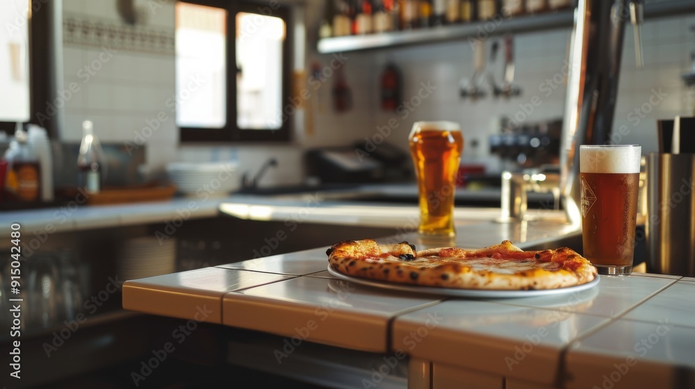 Cozy kitchen with a tiled counter featuring a freshly baked pizza and two glasses of beer, bathed in natural light from a nearby window. Cozy kitchen with a tiled counter featuring a freshly baked pizza and two glasses of beer, bathed in natural light from a nearby window.