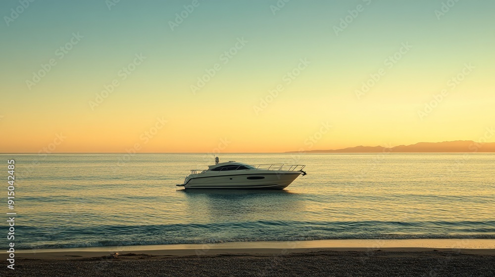 Tranquil cabin cruiser at Estepona Beach, capturing a serene coastal scene with space for additional text. Tranquil cabin cruiser at Estepona Beach, capturing a serene coastal scene with space for additional text.