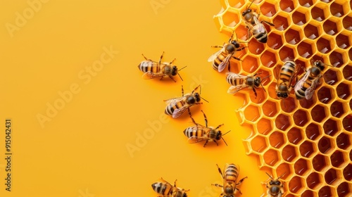 A detailed honeycomb design featuring bees on a spotless background, perfect for unique design applications and layouts.