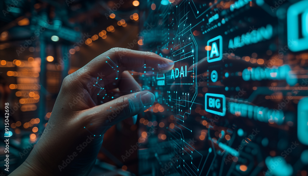 Hand touching digital screen, presenting the integration of artificial intelligence in business technology Hand touching digital screen, presenting the integration of artificial intelligence in business technology