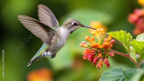 Hummingbird in Flight, Feeding on Flowers