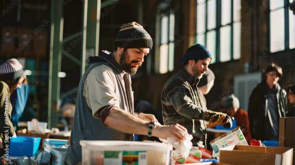 People sorting goods in a sunny indoor space, likely a community center or warehouse, showing cooperation and teamwork. People sorting goods in a sunny indoor space, likely a community center or warehouse, showing cooperation and teamwork.