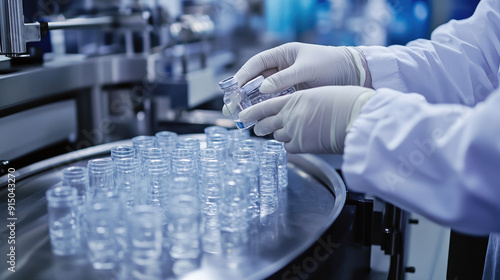 Medical Vial Inspection by Staff on Production Line at Pharmaceutical Factory