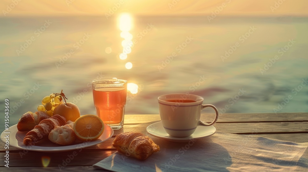 A serene breakfast setup on a wooden table by the ocean, featuring croissants, juice, and coffee, set against the warm hues of a sunrise over calm waters. A serene breakfast setup on a wooden table by the ocean, featuring croissants, juice, and coffee, set against the warm hues of a sunrise over calm waters.