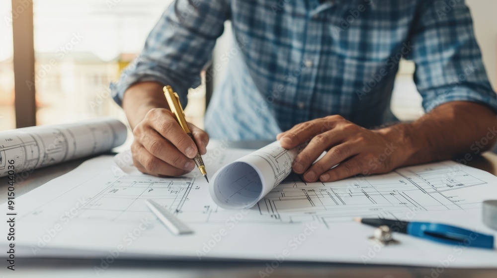 Close-up of an architect's hands drawing on building plans at a desk, emphasizing precision and design in architecture. Close-up of an architect's hands drawing on building plans at a desk, emphasizing precision and design in architecture.