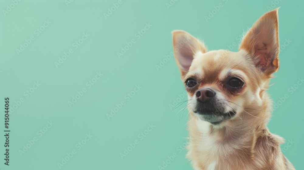 A cute Chihuahua with a light brown coat sits against a mint green background, looking attentively at the camera. A cute Chihuahua with a light brown coat sits against a mint green background, looking attentively at the camera.