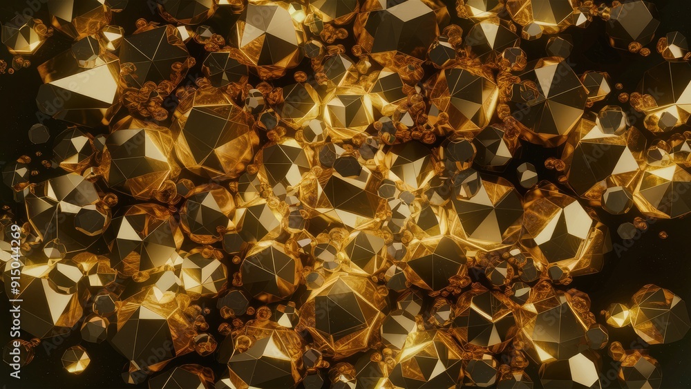 Illuminated golden facets on a dark background creating an abstract overlay Ideal as a texture or background for various design projects and scenes 3D render Illuminated golden facets on a dark background creating an abstract overlay Ideal as a texture or background for various design projects and scenes 3D render