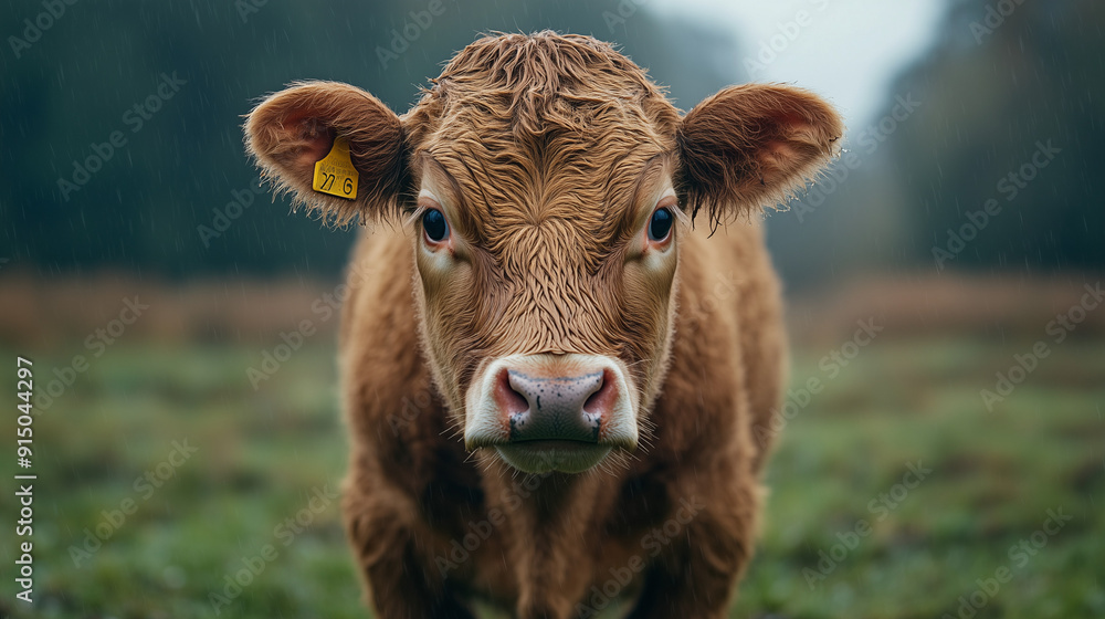 Portrait en gros plan d'un jeune veau, sous une fine pluie, dans un cadre naturel. Le veau, avec son pelage brun clair légèrement mouillé, se tient au centre de la scène, regardant droit dans l'object Portrait en gros plan d'un jeune veau, sous une fine pluie, dans un cadre naturel. Le veau, avec son pelage brun clair légèrement mouillé, se tient au centre de la scène, regardant droit dans l'object