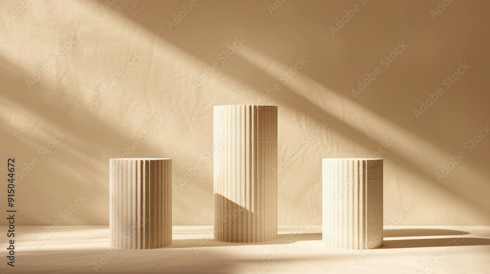 A minimalist display of three textured cylindrical vases in soft sunlight, highlighting their unique shapes and shadows against a neutral background. A minimalist display of three textured cylindrical vases in soft sunlight, highlighting their unique shapes and shadows against a neutral background.