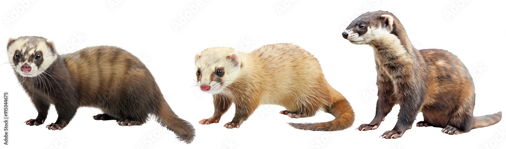 A variety of ferrets in different poses, showcasing their playful and curious behavior A variety of ferrets in different poses, showcasing their playful and curious behavior