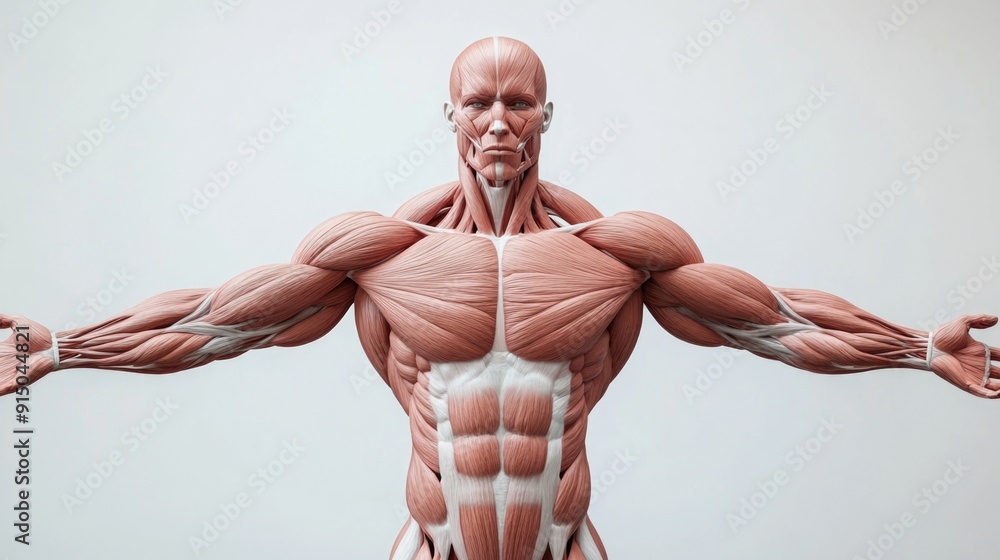 Detailed Illustration of Upper Body Human Muscular Anatomy Highlighting ...