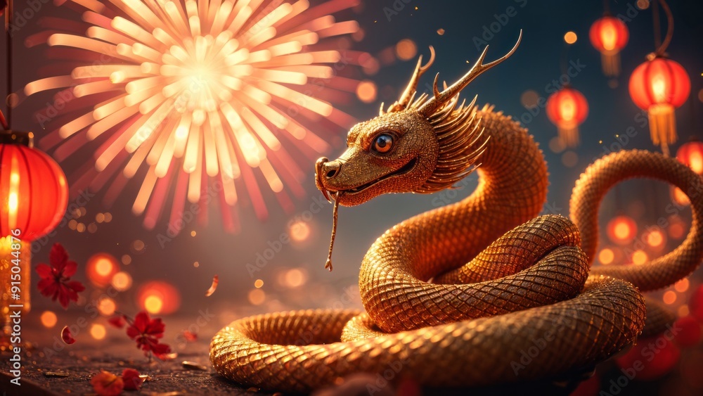 A majestic golden snake gracefully coiled amidst a backdrop of colorful fireworks lighting up the night sky. The scene is adorned with traditional red and gold Chinese decorations and lanterns. A majestic golden snake gracefully coiled amidst a backdrop of colorful fireworks lighting up the night sky. The scene is adorned with traditional red and gold Chinese decorations and lanterns.