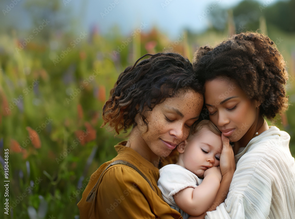 two girls lovingly hugging their little baby. national adoption month. two girls lovingly hugging their little baby. national adoption month.