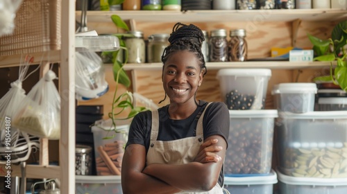A cheerful woman stands confidently in front of organized pantry shelves filled with jars, containers, and plants, embodying a sense of expertise and joy in her space.