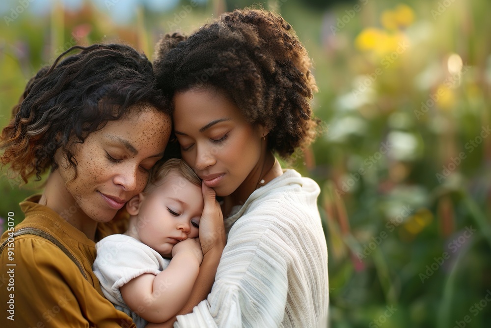 family formed by two women of different ethnicities, with their baby. National Adoption Month family formed by two women of different ethnicities, with their baby. National Adoption Month