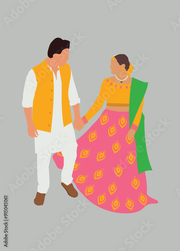 Bride and Groom Hindu wedding Couple Haldi ceremony vector portrait for Haldi invite	