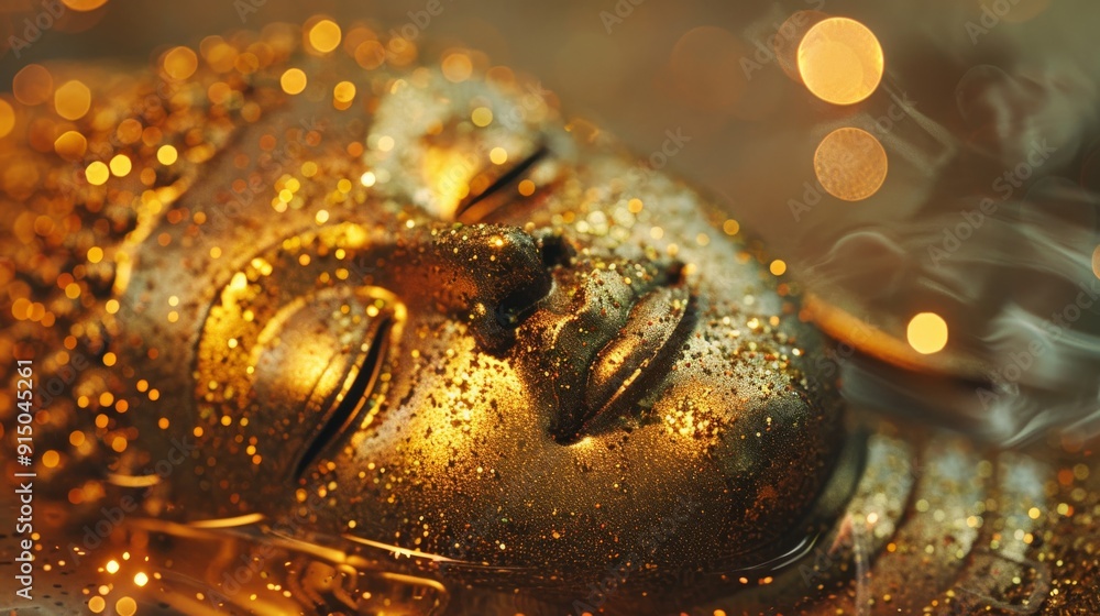 A close-up of a golden Buddha statue, dusted with glitter, exuding a sense of peace and reverence against a warm, ambient background. A close-up of a golden Buddha statue, dusted with glitter, exuding a sense of peace and reverence against a warm, ambient background.