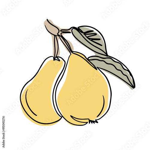 Line art drawing of pears with branch and leaves in boho style. Botanical single line colored retro drawing of vegetable. Contour line outline composition isolated on white background.