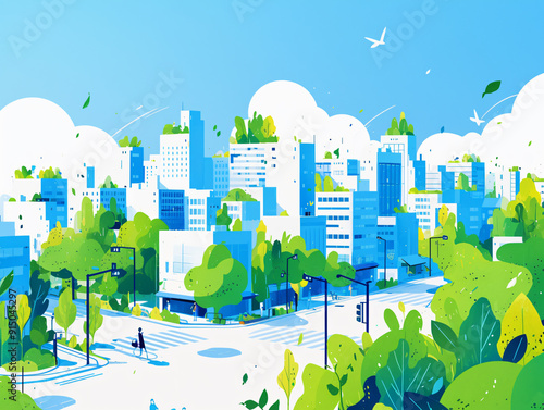 A vibrant digital illustration of a cityscape filled with greenery and blue buildings, depicting a modern and eco-friendly urban environment.