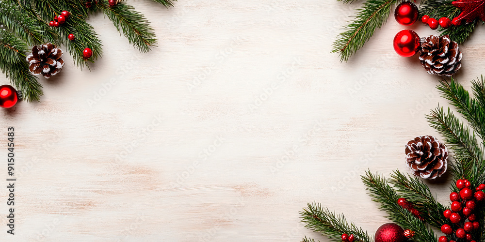 A festive Christmas frame with a light wooden background, decorated with pine branches, red berries, snow-dusted pine cones, and shiny red ornaments. The layout creates a balanced and inviting space A festive Christmas frame with a light wooden background, decorated with pine branches, red berries, snow-dusted pine cones, and shiny red ornaments. The layout creates a balanced and inviting space