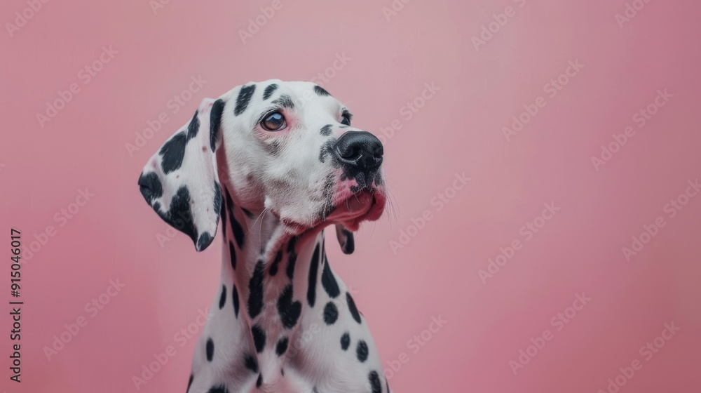 A Dalmatian dog with a black and white coat poses against a smooth pink background, looking slightly away. A Dalmatian dog with a black and white coat poses against a smooth pink background, looking slightly away.