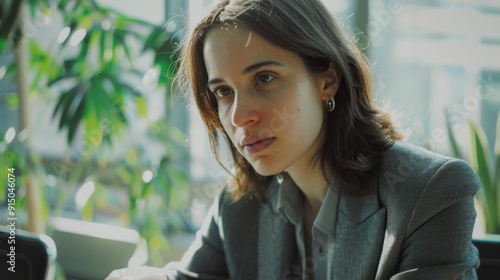 A serious woman listens attentively in a modern office space, framed by greenery and soft light. photo