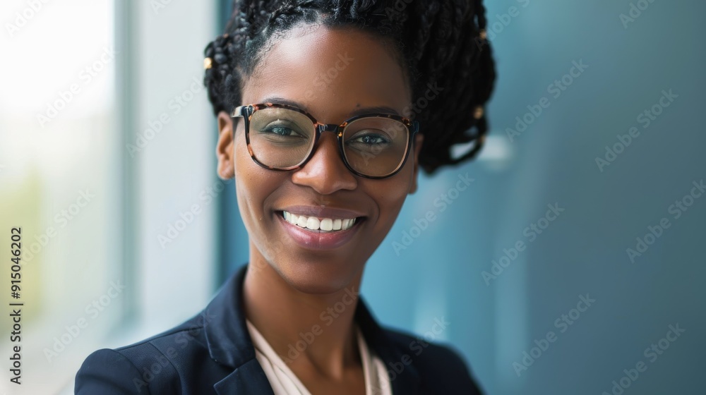 A confident young woman with glasses and braided hair smiles warmly, radiating a professional yet approachable demeanor in a business setting. A confident young woman with glasses and braided hair smiles warmly, radiating a professional yet approachable demeanor in a business setting.