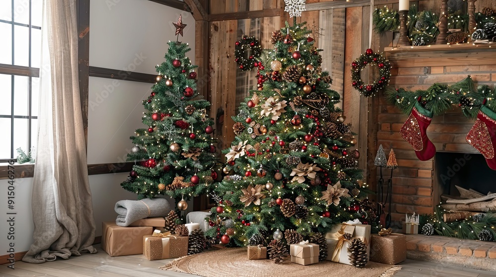 Fototapeta premium Rustic Christmas tree decorated with natural elements like pine cones, berries, and handmade ornaments 