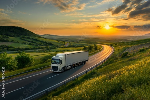Large transportation truck on rural highway at sunset, beautiful countryside photography