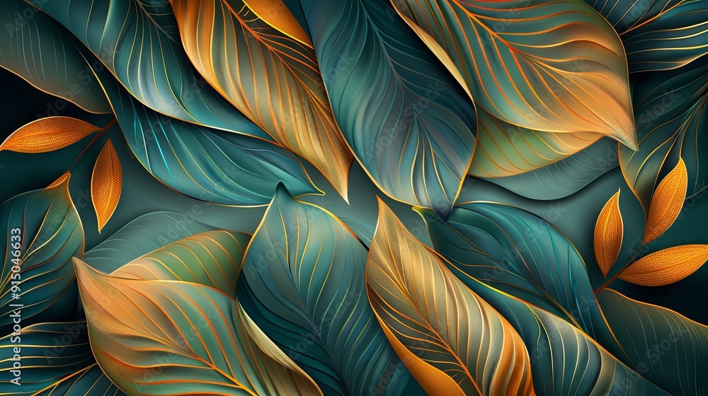 Fototapeta premium A vector illustration featuring a line art background of golden leaves with a luxurious gold and blue tidewater green color scheme. This abstract wallpaper design is ideal for prints, home decor,