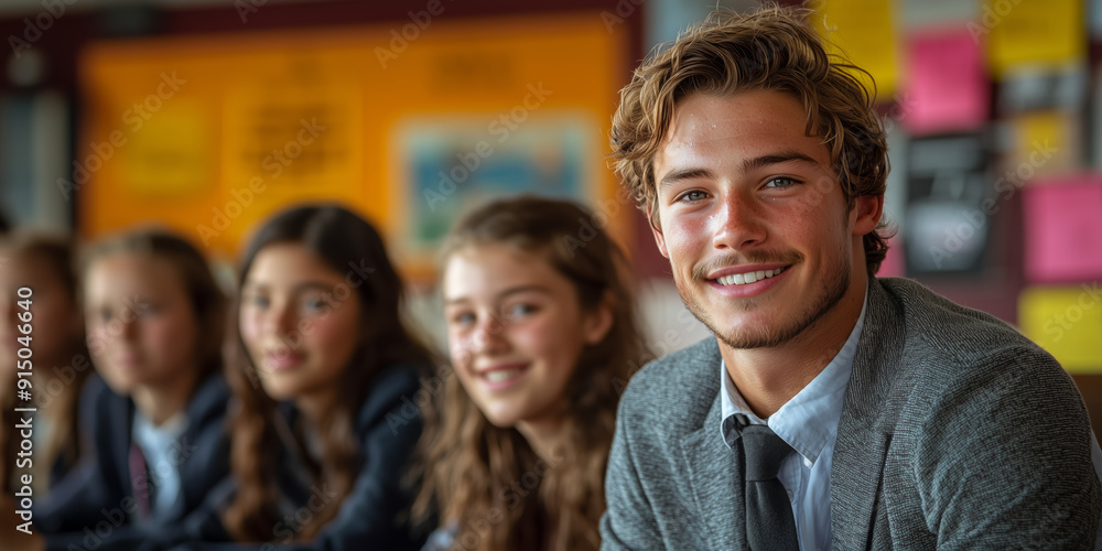 a young schoolteacher posing in front of the camera, school environment at the age of 13-15 years a young schoolteacher posing in front of the camera, school environment at the age of 13-15 years