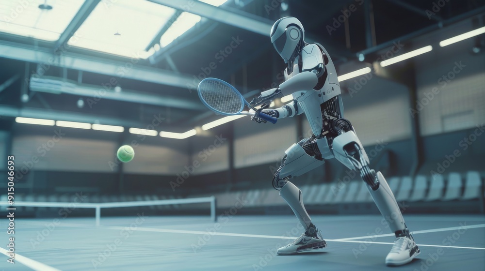 A futuristic robot playing tennis, focusing on the tennis ball with a racquet ready, set in an indoor court with bright lighting. A futuristic robot playing tennis, focusing on the tennis ball with a racquet ready, set in an indoor court with bright lighting.