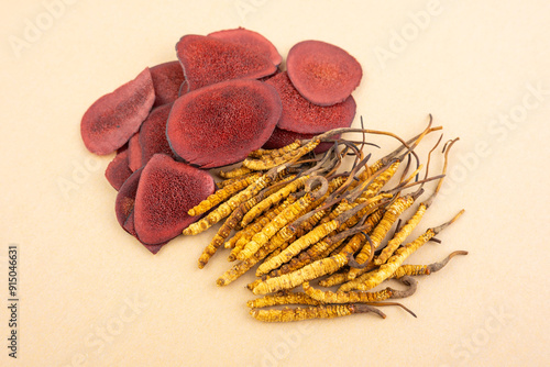 China's precious Chinese medicinal materials Cordyceps sinensis and deer antler blood slices photo