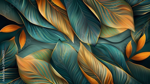 A vector illustration featuring a line art background of golden leaves with a luxurious gold and blue tidewater green color scheme. This abstract wallpaper design is ideal for prints, home decor, photo