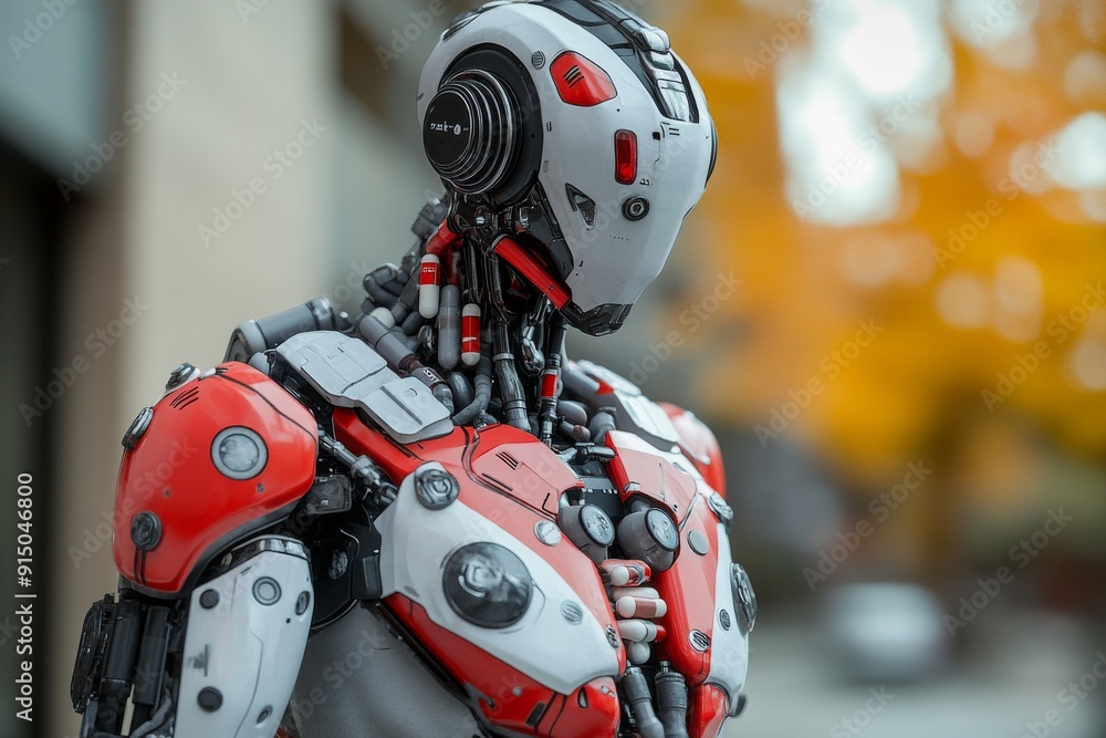 Futuristic robot with red and white armor standing in a modern urban environment symbolizing the integration of robotics and human interaction in a visually striking and advanced representation. Futuristic robot with red and white armor standing in a modern urban environment symbolizing the integration of robotics and human interaction in a visually striking and advanced representation.